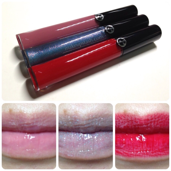 Giorgio Armani Beauty Flash Lacquers in 524 Pink, 701 Black Pearl and 400 Rouge Swatches