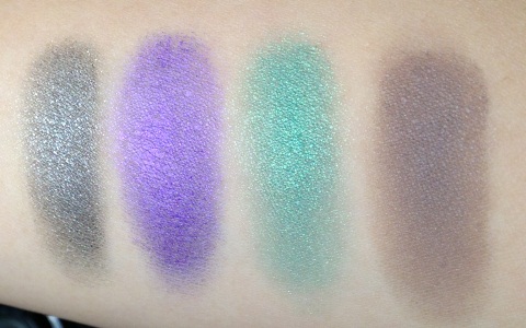 Maybelline Color Tattoo in Audacious Asphalt, Tough as Taupe, Painted Purple and Edgy Emerald Swatches