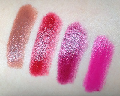 Nars Satin Lip Pencils in Het Loo, Majella, Palais Royal and Yu Layered Swatches