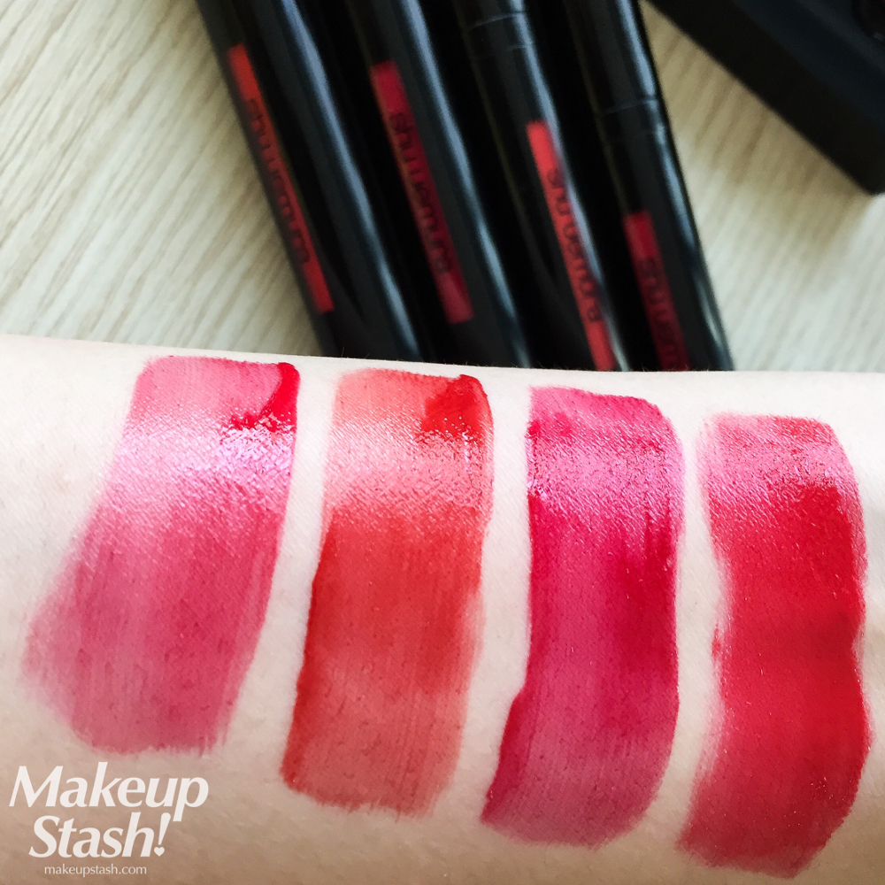 Shu Uemura Laque Supreme in RD01, RD02, RD03 and RD04 Swatches