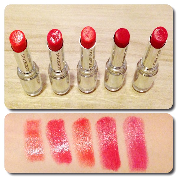 Shu Uemura Sweet Red Rouge Unlimited Lipsticks in Baby Flame, Mon Shu Red Pure, Sweet Devil Rouge, Lacquer Red, Spiky Rose Swatches
