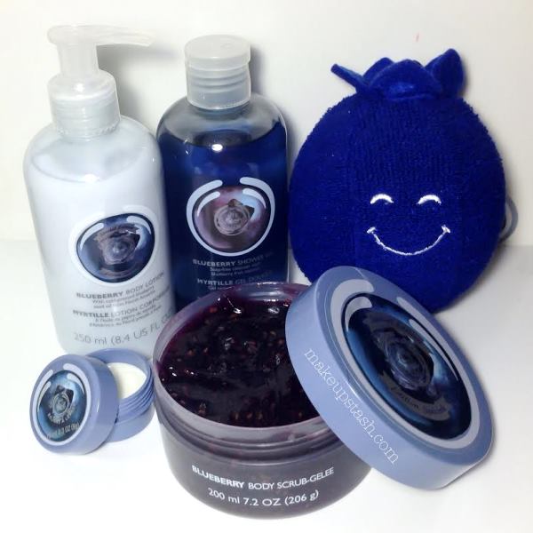 The Body Shop Special Edition Blueberry Body Lotion, Shower Gel, Lip Butter, Scrub-Gelee and Sponge
