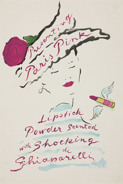 Watercolour by Vertes for the Launch of the Shocking de Schiaparelli Lipstick Paris Pink